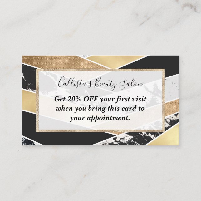 Tarjeta De Descuentos Moderno Oro Negro Purpurina Blanco Marble Geométri (Anverso)