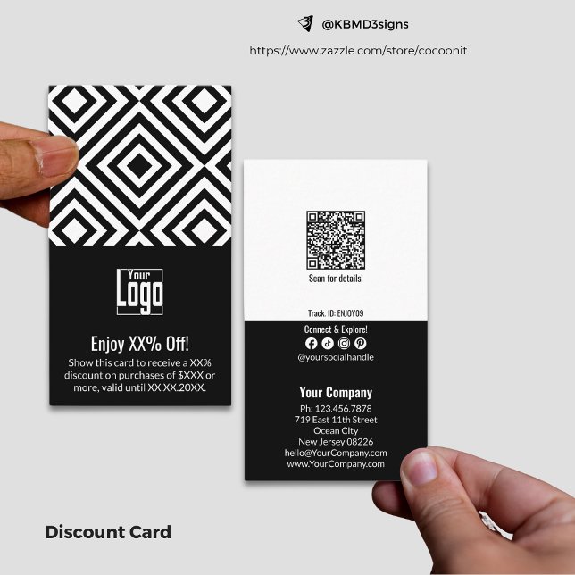Tarjeta De Descuentos Pequeña Empresa Simple De Doble Tono XX% Apagado (Simple Dual-Tone Small Business XX% Off Discount Card, Terms, QR code, Social Media Connect)