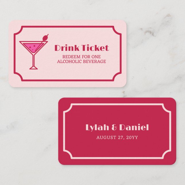 Tarjeta De Descuentos Pink Cocktail Retro Font Wedding Drink Ticket (Anverso / Reverso)