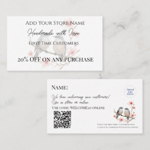 Tarjeta De Descuentos Primera vez clientes aves hechas a mano acuarela