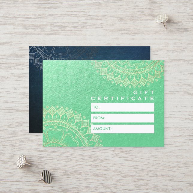 Tarjeta De Descuentos Relieve metalizado dorado verde Mandala (Anverso/Reverso In Situ)