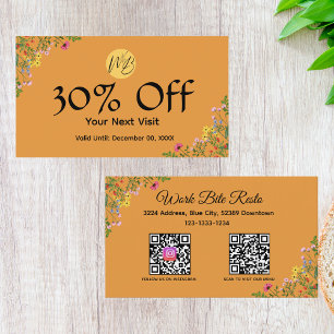 Tarjeta De Descuentos Restaurante moderno con flores silvestres Menú de 