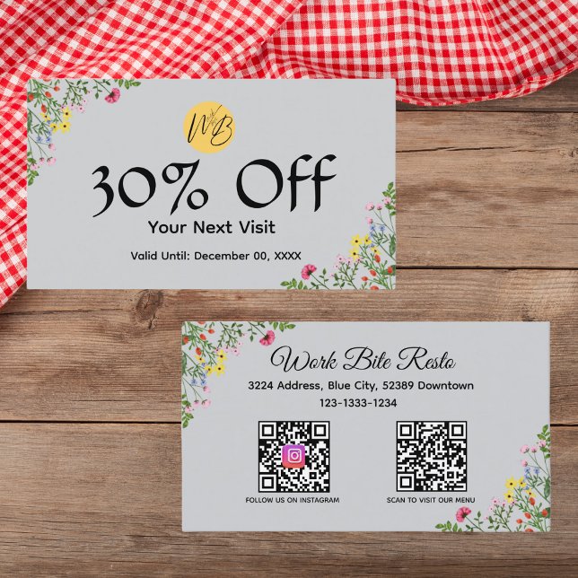 Tarjeta De Descuentos Restaurante moderno con flores silvestres Menú de  (Subido por el creador)