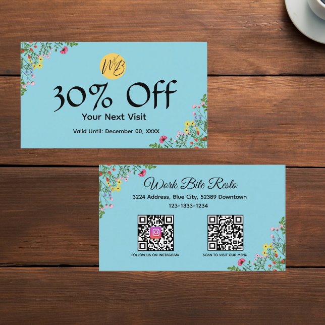 Tarjeta De Descuentos Restaurante moderno con flores silvestres Menú de  (Subido por el creador)