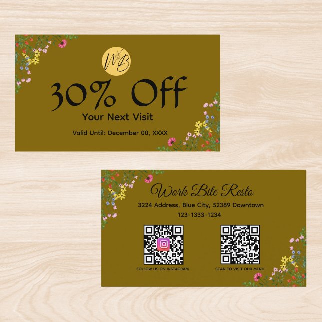 Tarjeta De Descuentos Restaurante moderno con flores silvestres Menú de  (Subido por el creador)