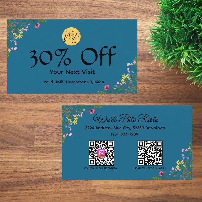 Tarjeta De Descuentos Restaurante moderno con flores silvestres Menú de  (Subido por el creador)