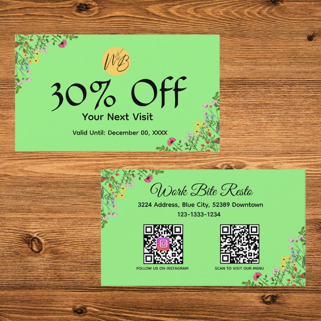 Tarjeta De Descuentos Restaurante moderno con flores silvestres Menú de  (Subido por el creador)