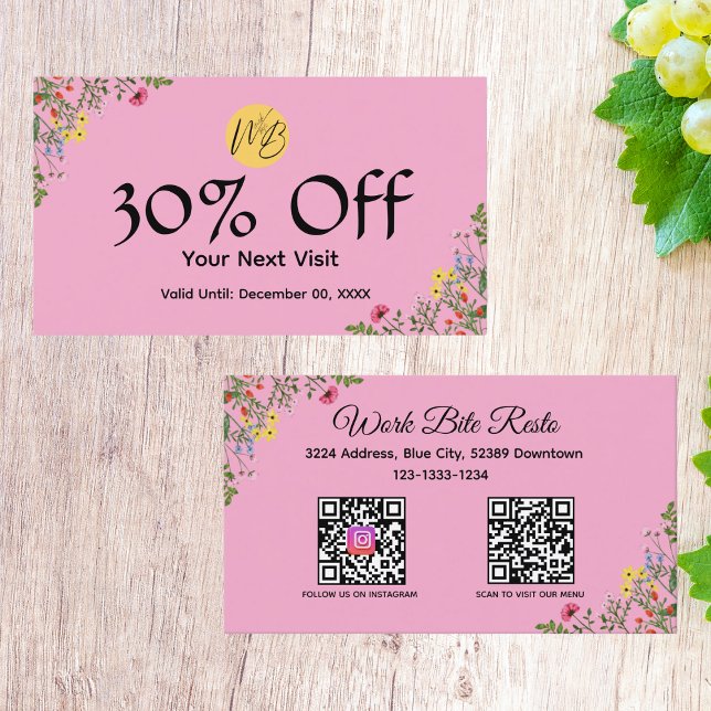 Tarjeta De Descuentos Restaurante moderno con flores silvestres Menú de  (Subido por el creador)