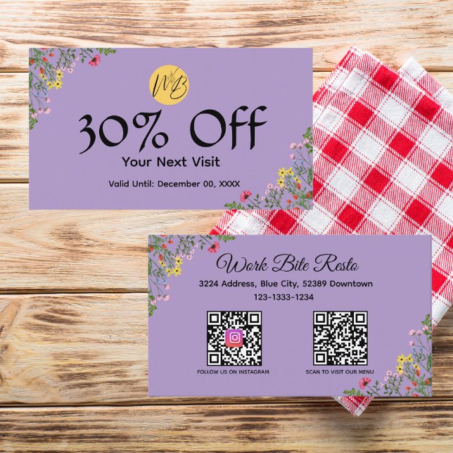 Tarjeta De Descuentos Restaurante moderno con flores silvestres Menú de  (Subido por el creador)