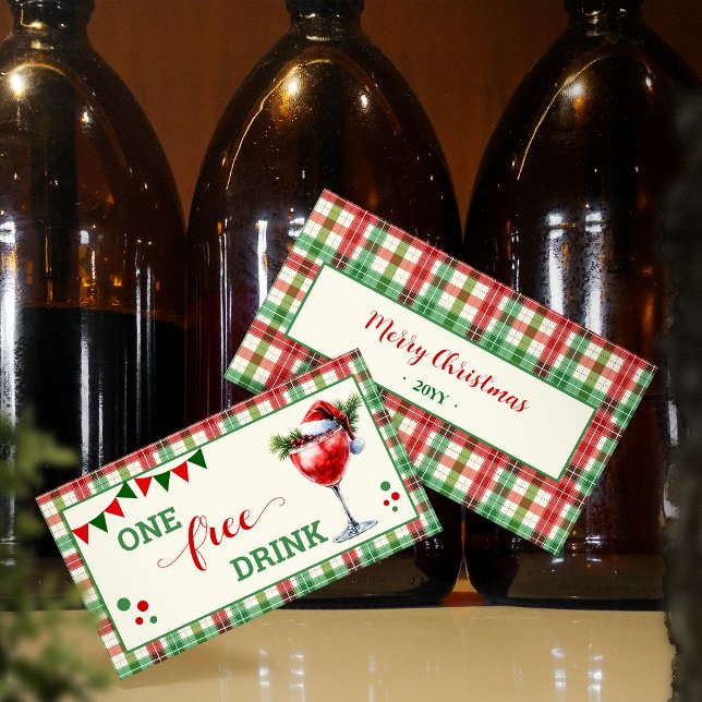 Tarjeta De Descuentos Retro Christmas Plaid Free Drink Party Ticket (Subido por el creador)