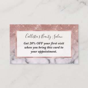 Tarjeta De Descuentos Rosa Secuencia de Oro Purpurina Mármol Blanco Ombr