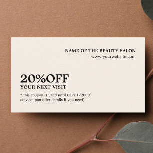 Tarjeta De Descuentos Salón de Cupones Elegante Minimalista Crema Blanco