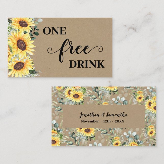 Tarjeta De Descuentos Sunflowers Greenery Free Drink Wedding Ticket Card (Anverso / Reverso)