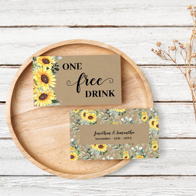 Tarjeta De Descuentos Sunflowers Greenery Free Drink Wedding Ticket Card (Subido por el creador)