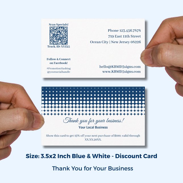 Tarjeta De Descuentos White and Blue Thank You For Your Business and (White and Blue Thank You For Your Business and Discount Card; Size 3.5x2 Inch, QR code)