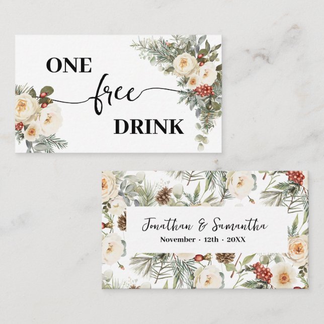 Tarjeta De Descuentos White Winter Floral Free Drink Wedding Ticket Card (Anverso / Reverso)