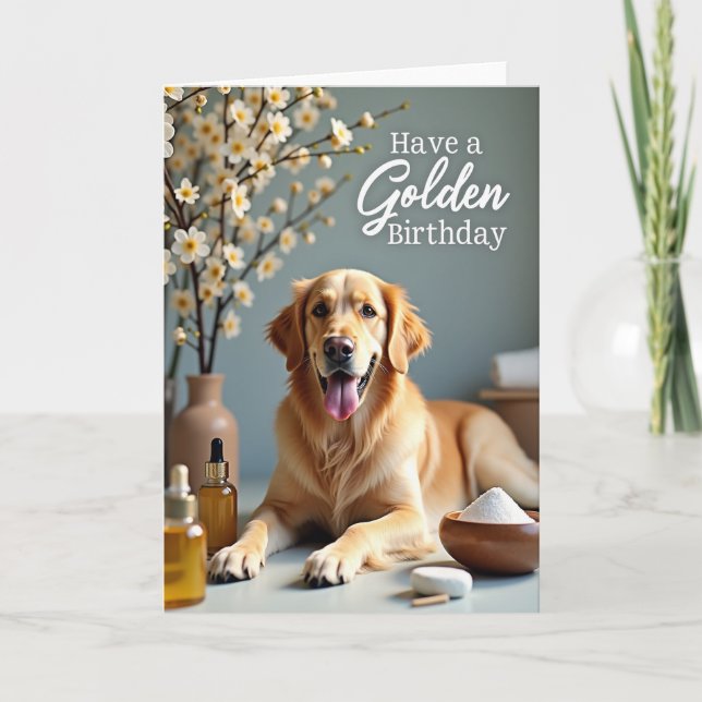 Tarjeta de deseo de cumpleaños con perro dorado (Anverso)