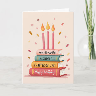 Tarjeta de deseo de cumpleaños con pila de libros