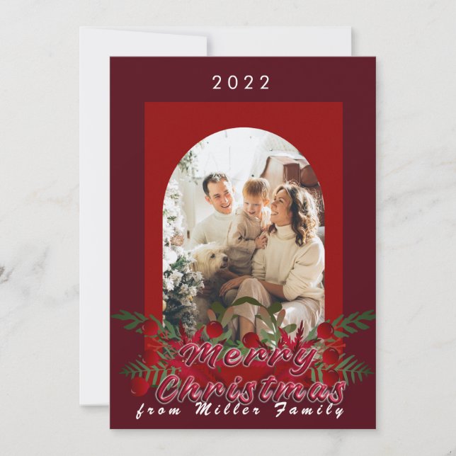 Tarjeta de deseo de Navidad floral rojo cereza mod (Anverso)