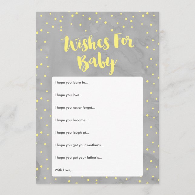 Tarjeta de deseos de Baby Shower amarillo y gris b (Anverso)