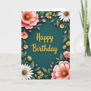 Tarjeta de deseos de cumpleaños floral azul verde