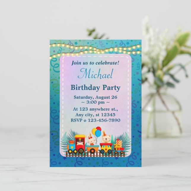 Tarjeta de deseos de feliz cumpleaños tren con ani (Anverso de pie)