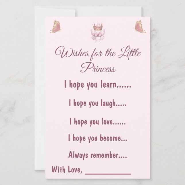 Tarjeta de deseos para bebé princesa rosa Royal (Anverso)