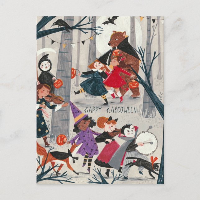 Tarjeta de desfile de disfraces negros y rojos de  (Anverso)