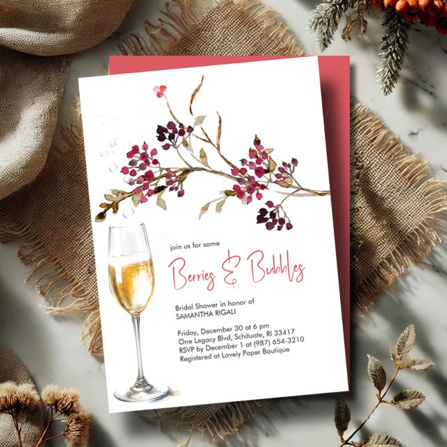 Tarjeta de Despedida de Soltera Berries & Bubbles  (Bridal Shower invitations brunch and bubbly fall and winter design botanical berries and champagne)
