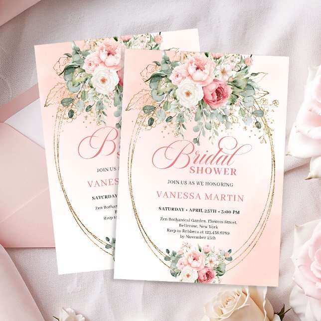 Tarjeta de Despedida de Soltera Chic Blush y Rosa  (Chic Blush and Gold Dusty Rose Bridal Shower Card)