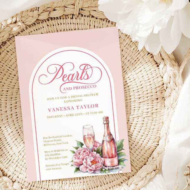 Tarjeta de Despedida de Soltera con Perlas Elegant (Chic Pearls and Prosecco Bridal Shower Card)