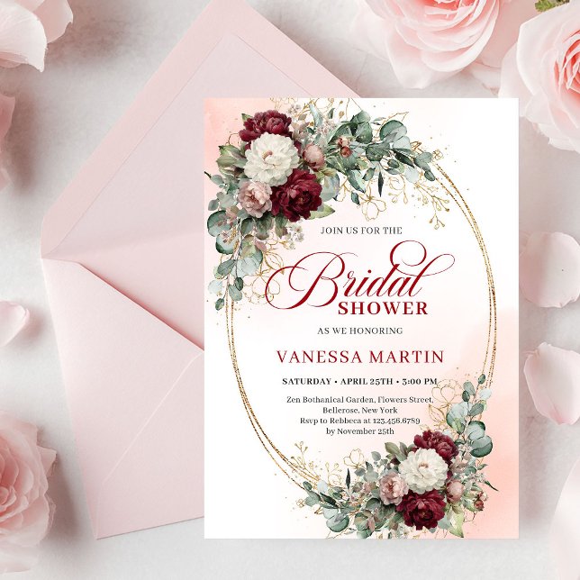 Tarjeta de Despedida de Soltera Floral Granate Rom (Romantic Maroon Floral Gold Bridal Shower Card

)