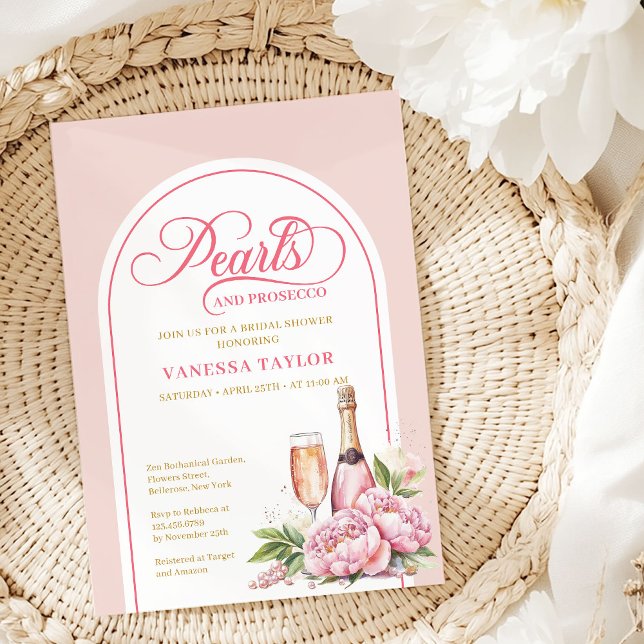 Tarjeta de Despedida de Soltera Sofisticada Rosa y (Elegant Pearls and Prosecco Bridal Shower Invite)