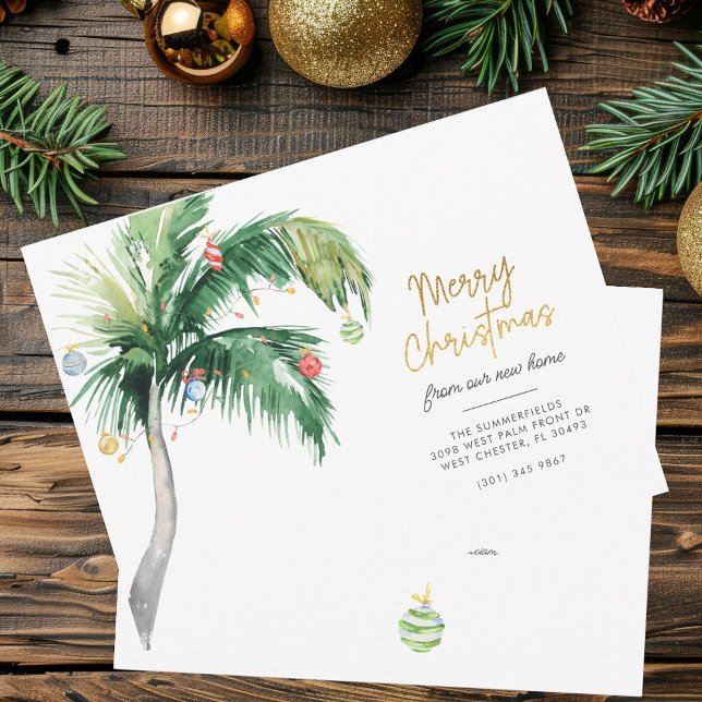 Tarjeta de desplazamiento de vacaciones navideña d (Merry Christmas Tropical Palm Tree Holidays Moving Announcement)