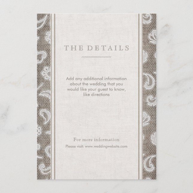 Tarjeta de detalle de bodas rústica de encaje y ar (Anverso)