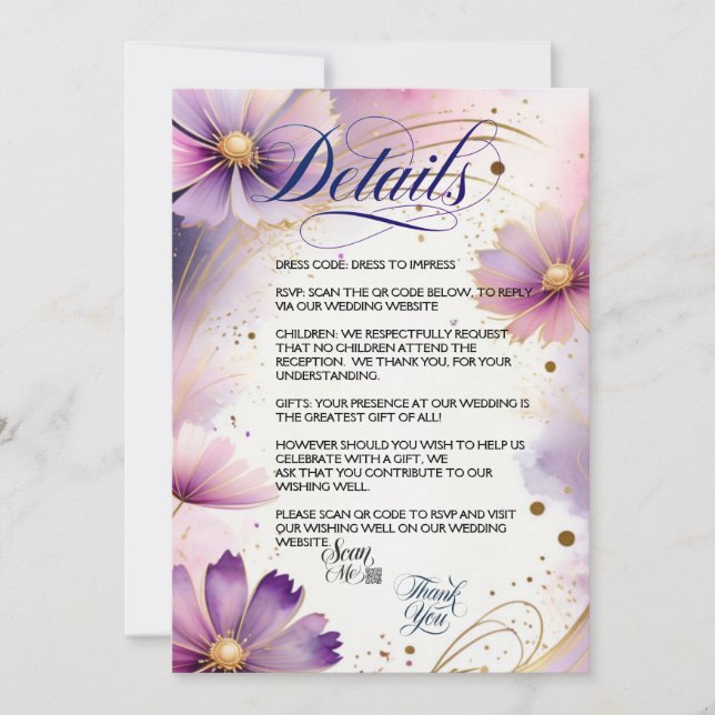 Tarjeta de detalle de código QR para flores Cosmos (Anverso)