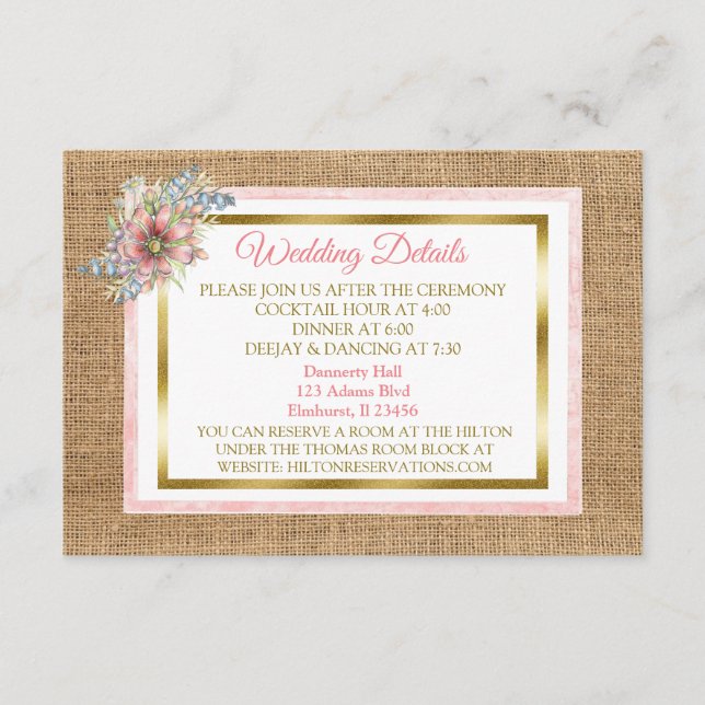 Tarjeta de detalle Rústica Burlap y Boda de flores (Anverso)