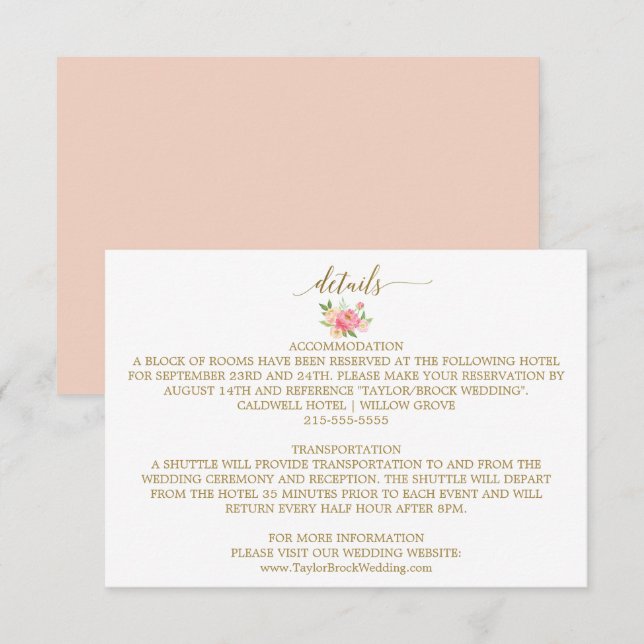 Tarjeta de detalles Boda de flores de peones rosad (Anverso / Reverso)