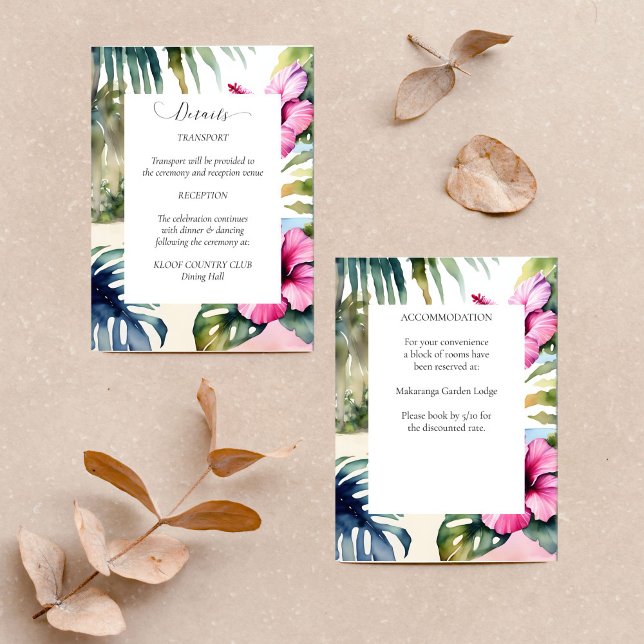 Tarjeta de detalles boda de las palmas tropicales  (Tropical beach palms hibiscus wedding details enclosure card watercolor palm leaves pink flowers )