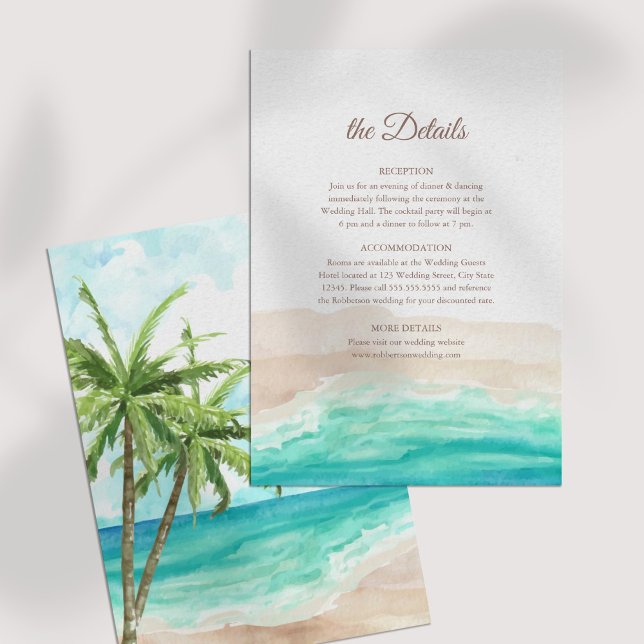 Tarjeta de detalles Boda Tropical Beach and Palm T (Tropical Beach and Palm Trees Wedding Details Card on a white table)
