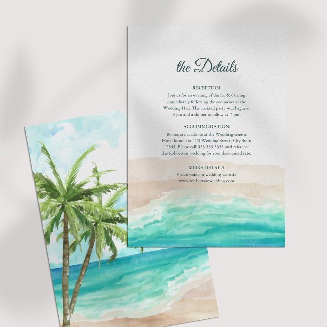 Tarjeta de detalles Boda Tropical Beach and Palm T (Tropical Beach and Palm Trees Wedding Details Card on a white table.)