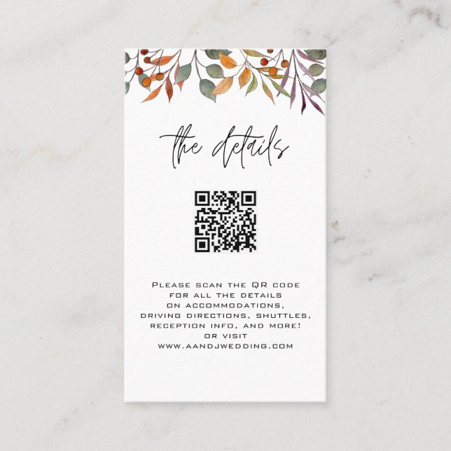Tarjeta de detalles con la boda QRcode Fall (Anverso)