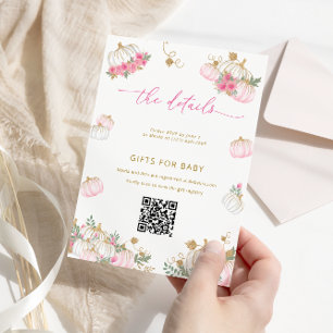 Tarjeta de detalles de baby shower floral rosa de 