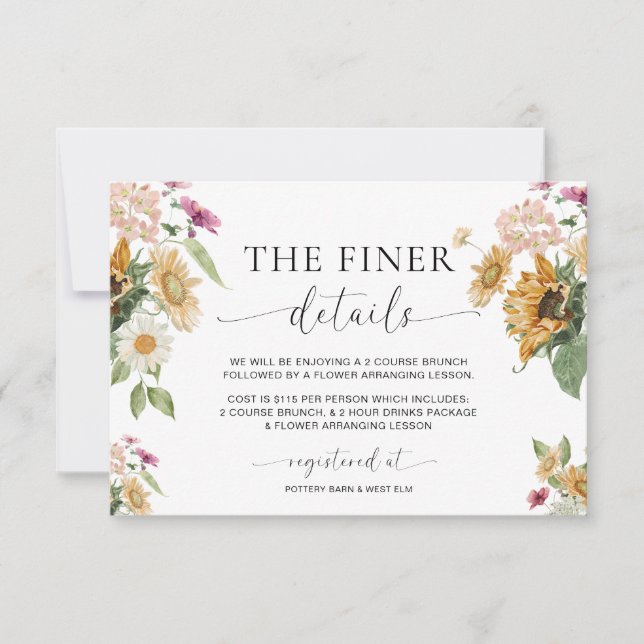 Tarjeta de detalles de Baby Shower Mews Sunflower  (Anverso)