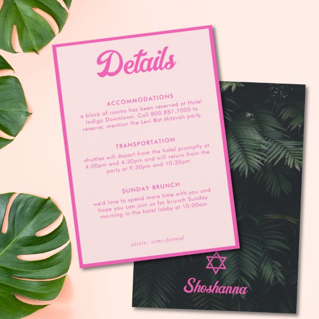 Tarjeta de detalles de Bat Mitzvah Tropical Rosa (Pink Tropical Bat Mitzvah Details Enclosure Card
)