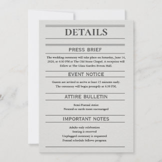 Tarjeta de Detalles de Boda al Estilo Periódico
