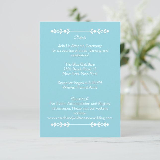 Tarjeta de detalles de Boda azul y blanco claro mo (Anverso de pie)