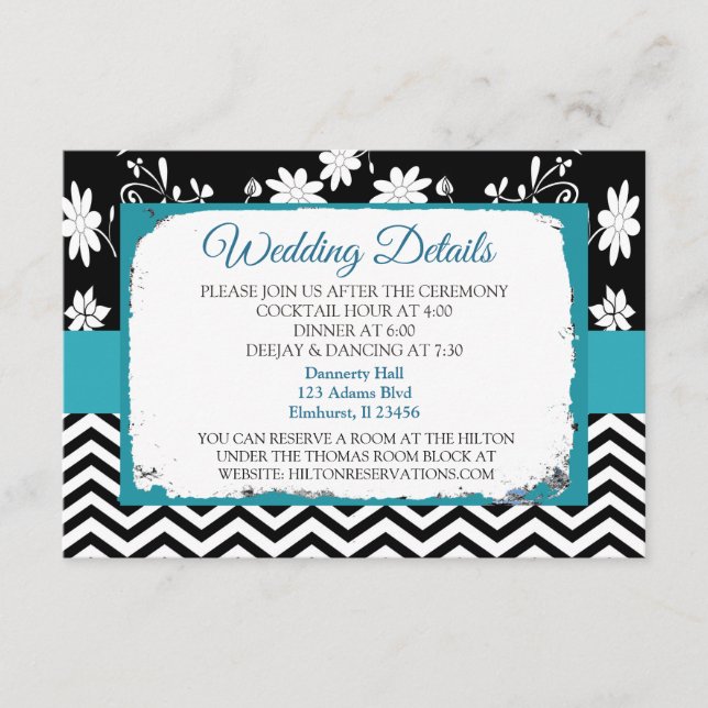 Tarjeta de detalles de Boda azul y negro (Anverso)