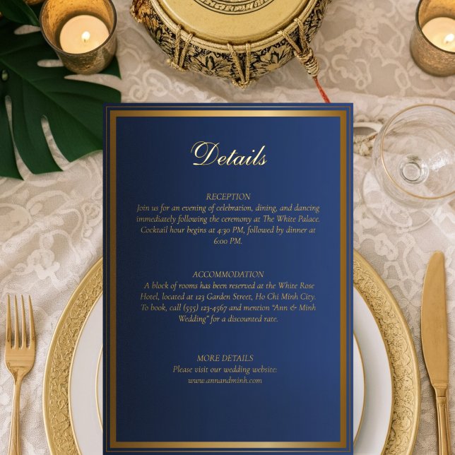 Tarjeta de detalles de Boda azul y oro de la Marin (Subido por el creador)