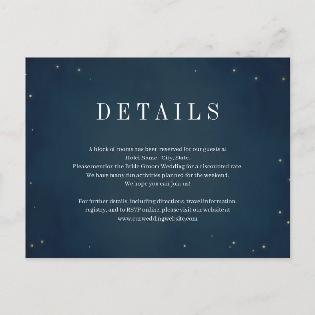 Tarjeta de detalles de boda Bajo Las Estrellas (Anverso)